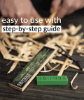 Pocket Knife Strop Kit On The Go Sharpening With Leather Strop And Stropping Compound next to carved wood shavings