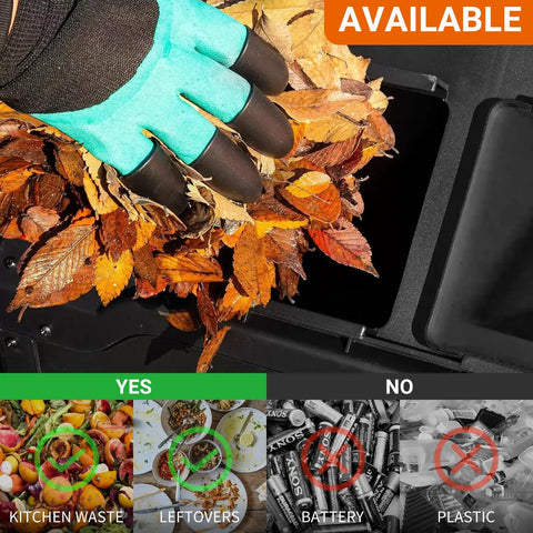 Hand adding leaves into Dual Chamber Compost Bin With 43 Gallon Capacity Rotating Tumbler For Fast Easy Composting Sliding Doors
