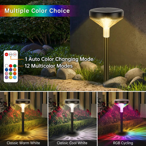 Lit Ultra Bright Solar Pathway Lights Eight Pack With Remote Color Changing And Warm White Modes in a garden setting