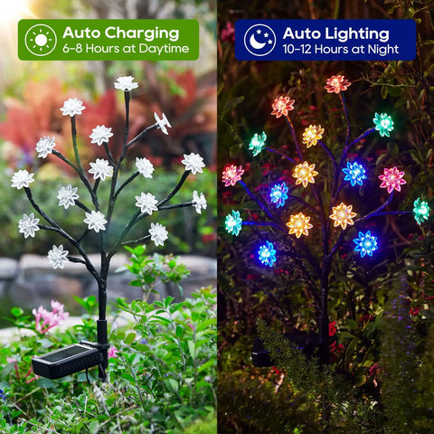 Day and night view of Solar Garden Lights Outdoor Decor 4 Pack With Constant And Flashing Modes, Waterproof Multi Color Pathway Lawn Lights