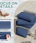 Outdoor Cushions Set for Patio Furniture With Five Pillows Weatherproof Navy Replacement Cushions 4 Inch Deep Seats for 4 Seat Sectional Sofa Couch All Weather Comfort with focus on high-density foam, non-slip bottom, and hidden zipper on wicker chair.