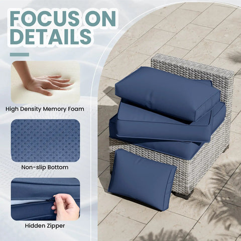 Outdoor Cushions Set for Patio Furniture With Five Pillows Weatherproof Navy Replacement Cushions 4 Inch Deep Seats for 4 Seat Sectional Sofa Couch All Weather Comfort with focus on high-density foam, non-slip bottom, and hidden zipper on wicker chair.