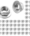 50 Pack M10 X 1.5mm 304 Stainless Steel Serrated Flange Hex Nuts Metric Lock Hardware Bright Silver Finish in a display.