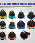 Universal Cooling System Pressure Tester Kit And Radiator Vacuum Refill Set With 18 Pro Shop Color Coded Adapters, showing 15 color-coded radiator adapters.
