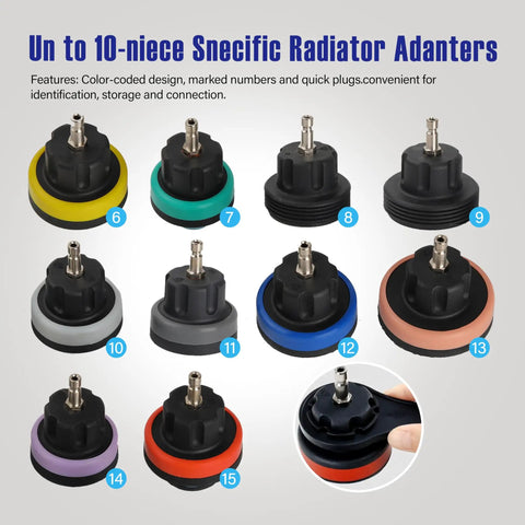 Universal Cooling System Pressure Tester Kit And Radiator Vacuum Refill Set With 18 Pro Shop Color Coded Adapters, showing 15 color-coded radiator adapters.