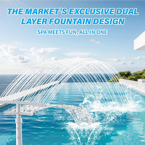 Dual Layer Pool Fountain For Above Ground And Inground Pools With Hyperbolic Water Arcs Delivers 3x Water Volume 2x Cooling Coverage Cools By 36 To 42 F Chiller Aerator Waterfall Sprinkler Accessory For A Decked Out Backyard Splash shown installed in a pool with water arcs spraying.