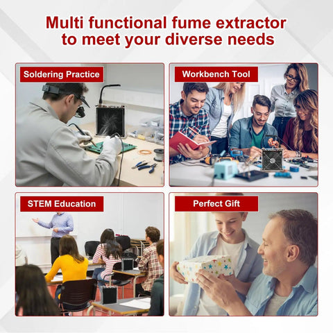 DIY Solder Fume Extractor Kit With LED Light And Filters for smoke absorption in various educational and work settings.