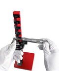 36 Piece Rectangular Gage Block Set, Steel Grade Economy for Workshop Calibration and Inspection, High Precision With Plus Or Minus 0.000050 Inch Tolerance, Includes 0.050 To 4.000 Inch Ranges For Easy, Reliable Measurements. Micrometer checking gage block stack in gloved hands.