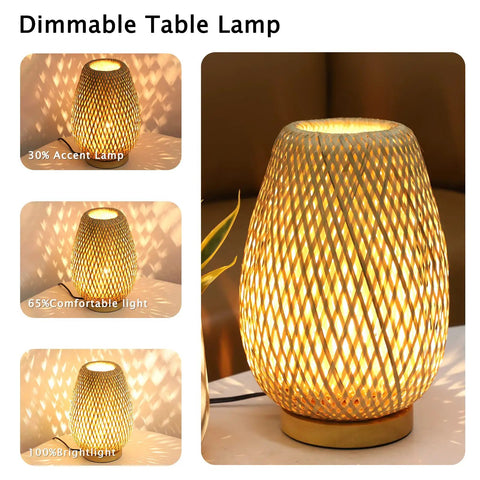 Dimmable Rattan Table Lamp With Boho Woven Shade And Bamboo Base Small Wicker Desk Lamp For Bedroom Living Room Nursery Kids Room Vintage Wooden Nightstand Light Inline Dimmer For Cozy Glow