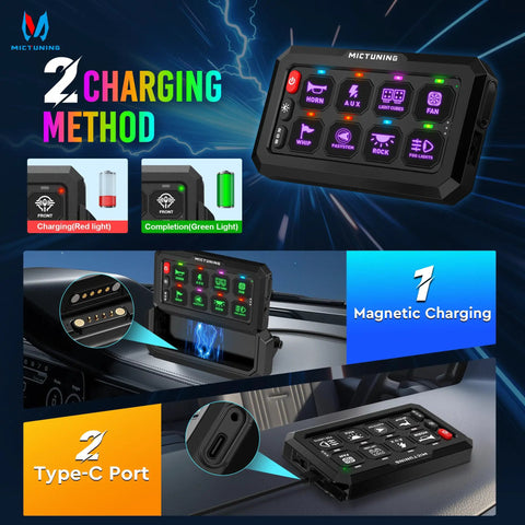 Eight Gang Wireless Switch Panel For Off Road Vehicles with magnetic and Type-C charging methods, dashboard installation
