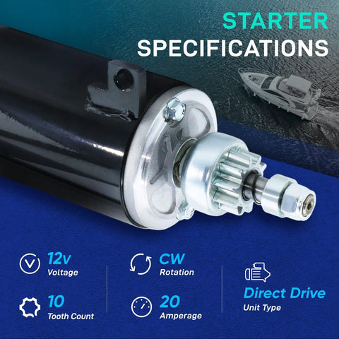 Premium Marine Starter Replacement For 80HP To 140HP Outboards Fits Evinrude E100 E110 E112 E115 E125 E135 E140 And Johnson 85 88 90 100 110 112 115 125 135 140 1969 1994 Models, with specifications including 12v voltage, CW rotation, 10 tooth count, 20 amperage, direct drive.