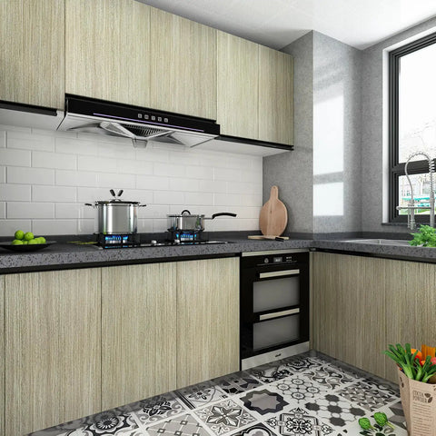 Kitchen showing Thickened Brown Wood Grain Wallpaper 16x354 Peel and Stick Wood Textured Oak Removable Waterproof Wall Vinyl Wrap.
