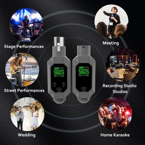 Wireless XLR Transmitter and Receiver Kit for Condenser and Dynamic Mics UHF Wireless System with performance scenarios.