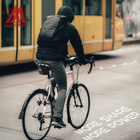 Cyclist riding city street with backpack ready to use All In One Bike Repair Kit With Saddle Bag Tire Tool Mini Pump Multitool