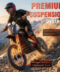 Badass Heavy Duty 5000 Watt Electric Dirt Bike For Adults And Teens Rip Across Trails Hitting Fifty Mph With Removable 52 Volt Battery Delivering Fifty Mile Range And Full Hydraulic Suspension On Wide Fat Tires riding on rugged terrain.