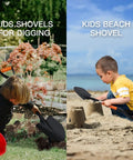 Kids 28 Inch D Handle Shovel for Digging Gardening Beach and Camping Metal Blade With Fiberglass Handle in use by children