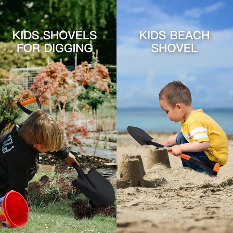 Kids 28 Inch D Handle Shovel for Digging Gardening Beach and Camping Metal Blade With Fiberglass Handle in use by children