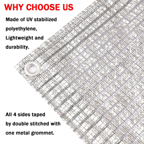Sixty Five Percent Aluminum Foil Shade Cloth With Grommets 10 Ft By 12 Ft Mesh Sun Block Fabric detail with grommet visible