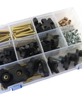 129-Piece Jig Fixture T Track Hardware Kit With 5/16-18 Threads organized in a plastic box, includes knobs and brass T nuts.