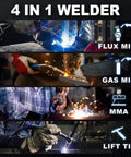 4 In 1 Welder For MIG TIG MMA And Flux Core Welding With Dual Voltage 110V And 220V Portable Synergy IGBT Inverter Gas Or Gasless Operation Includes Welding Helmet And Gloves For Home Shop Projects in operation modes including Flux MIG, Gas MIG, MMA, and Lift TIG shown in action.