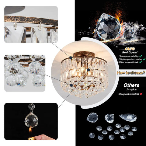 Detail view of lit semi flush mount bronze crystal ceiling light with crystal tube matte antique finish modern chandelier