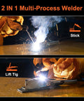 Dual Voltage 110V 220V Welder 2 In 1 Arc TIG Combo With Synergic Control IGBT Inverter in use with stick and TIG welding.