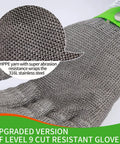 Level 9 Cut Resistant Kitchen Glove For Meat Prep And Oyster Shucking, Tough As Nails, steel mesh, green cuff close-up
