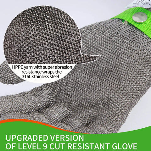 Level 9 Cut Resistant Kitchen Glove For Meat Prep And Oyster Shucking, Tough As Nails, steel mesh, green cuff close-up