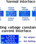 Interface display of Dope Buck Boost Converter with CC CV Regulation showing output voltage, current, power, and settings screen.