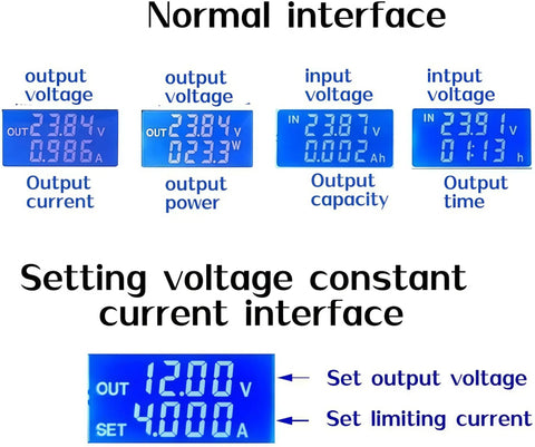 Interface display of Dope Buck Boost Converter with CC CV Regulation showing output voltage, current, power, and settings screen.