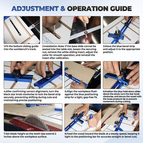 Adjustment and operation guide for Top Tier Taper And Straight Line Jig For Table Saws With 37 Inch Miter Bar Steel Fence.