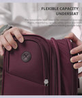 Close-up of underseat carry on luggage with USB port, 16 inch two wheel spinner bag, showing easy glide zipper and expandable capacity.
