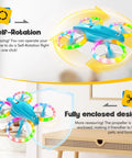 Light Blue Kids Drone With 3D Flip And Cool Light, Super Easy For Beginners on tabletop showcasing self-rotation and enclosed design.
