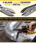 4 Pack 5 Blade Sheet Metal Crimping Tool Set For 22 To 28 Gauge Stainless Steel And Galvanized Duct Downspout Gutter And Stove Pipe Crimpers With Ten And A Half Inch End Cap Tips shown crimping metal duct.