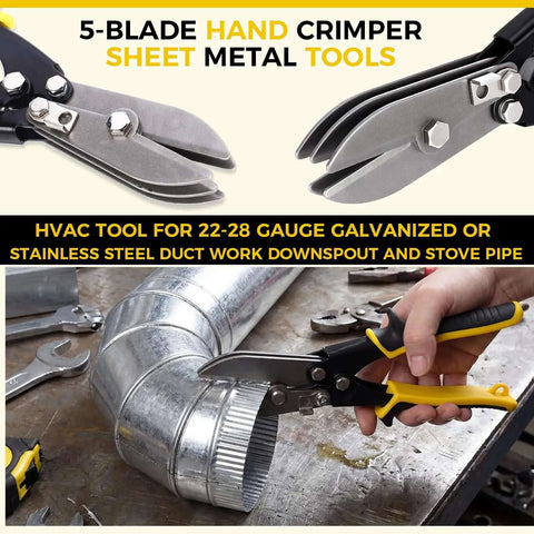 4 Pack 5 Blade Sheet Metal Crimping Tool Set For 22 To 28 Gauge Stainless Steel And Galvanized Duct Downspout Gutter And Stove Pipe Crimpers With Ten And A Half Inch End Cap Tips shown crimping metal duct.