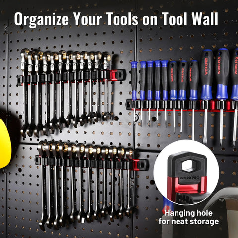 Magnetic Screwdriver And Wrench Organizer With Aluminum Rail mounted on wall holding tools, visible and clutter free