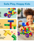136-Piece Tubular Pipes And Spout STEAM Interlocking Building Block Set with child playing and colorful constructs shown.