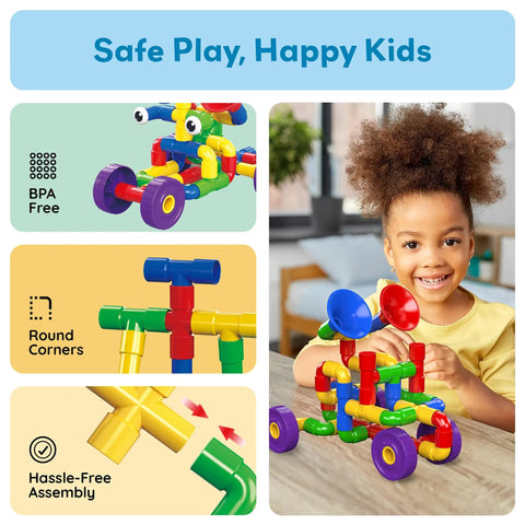 136-Piece Tubular Pipes And Spout STEAM Interlocking Building Block Set with child playing and colorful constructs shown.