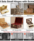 14 sets of small hinges with screws used in gift boxes, small cupboards, doll houses, jewelry boxes, DIY wooden boxes and organizer boxes. Note: not for doors, windows, closets.