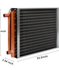 16x18 Water To Air Heat Exchanger For Forced Air Heating With 1 Inch Copper Ports, side view showing dimensions.