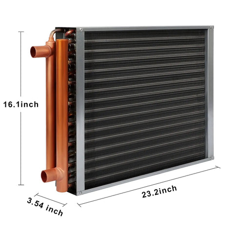 16x18 Water To Air Heat Exchanger For Forced Air Heating With 1 Inch Copper Ports, side view showing dimensions.
