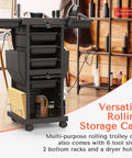Pro Salon Trolley Cart With Lockable Trays And Holders, space-saving mobile storage for hair salons, 6 pull-out trays, black