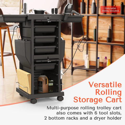 Pro Salon Trolley Cart With Lockable Trays And Holders, space-saving mobile storage for hair salons, 6 pull-out trays, black