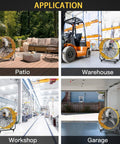 Heavy Duty 24 Inch Metal Drum Fan in various settings: patio, warehouse, workshop, and garage for cooling large spaces.