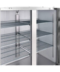 Interior shelves of Real Deal Heavy Duty Two Door Reach In Freezer 47 Cubic Feet Capacity Built Tough Stainless Steel Body.