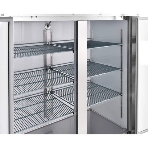Interior shelves of Real Deal Heavy Duty Two Door Reach In Freezer 47 Cubic Feet Capacity Built Tough Stainless Steel Body.