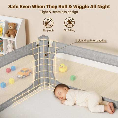 King Size Toddler Bed Rails 3-Piece Set With Corner Cushions, Heavy-Duty U-Shaped Base, safe sleeping baby with toys