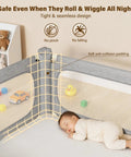 Queen Size Toddler Bed Rails 3 Piece Set With Corner Cushions showing secure corner; baby sleeps safely with toys outside rail.