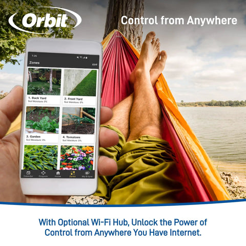 Person using mobile app to control Gen 2 Smart Hose Watering Timer For Garden Hose With No Fuss Set It And Forget It Auto Watering
