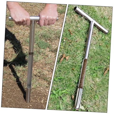 Pro Grade Durable Stainless Steel Soil Probe Sampler for garden testing and sampling shown in use and in detail